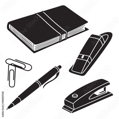 Black silhouettes of office supplies including a notebook pen stapler and paperclips