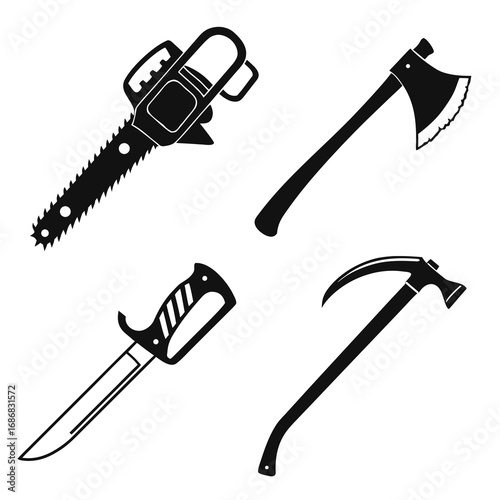 Black silhouettes of menacing weapons including chainsaw axe knife and sickle vector