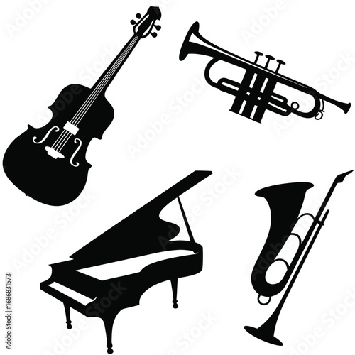 Black silhouettes of musical instruments white cello