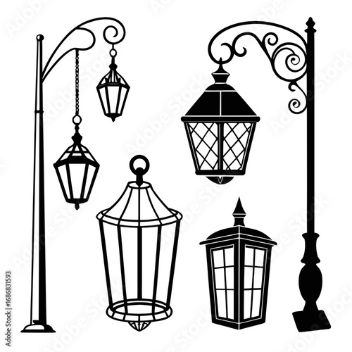 Black silhouettes of ornate street lamps and hanging lanterns black and white