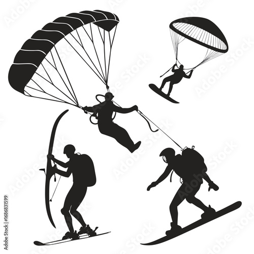 Black silhouettes of paragliders skiers and snowboarders paragliding skiing