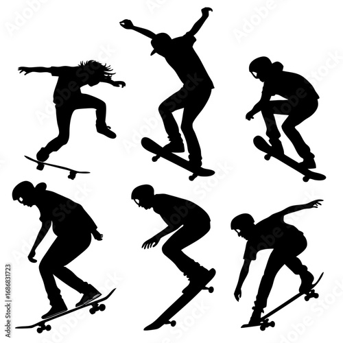 Black silhouettes of skateboarders performing tricks skateboarding action