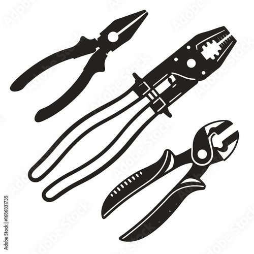 Black silhouettes of three pliers and wire cutters tools