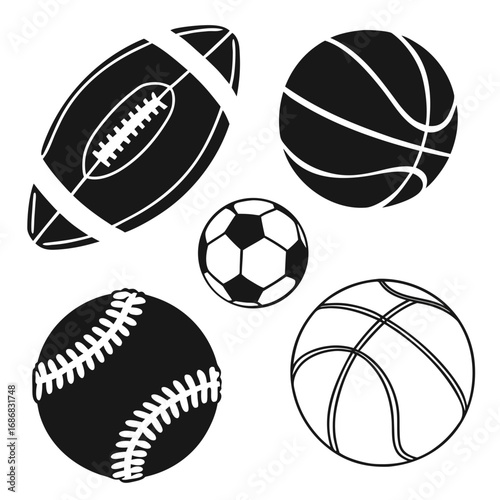 Black silhouettes of sports balls on white background football soccer ball