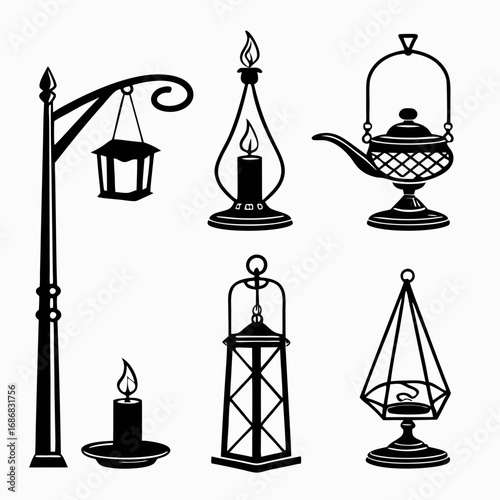 Black silhouettes of various antique lamps and candle holders oil lamps street lamp