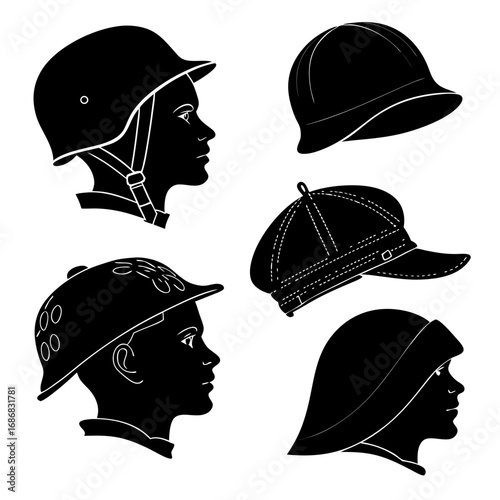 Black silhouettes of various headwear on white hats caps