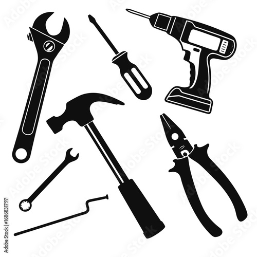 Black silhouettes of various hand tools and power drill wrench hammer