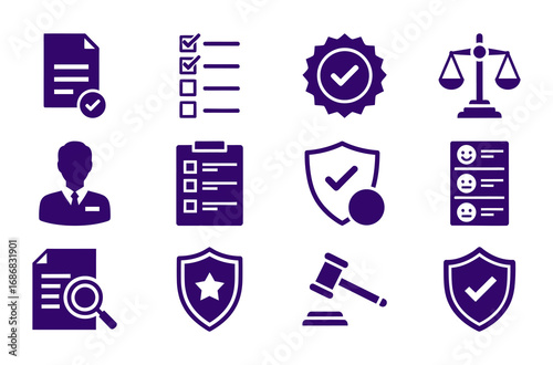 Collection of purple legal and business icons on transparent background