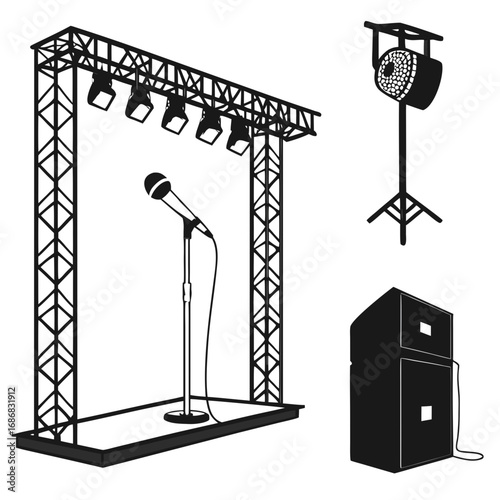 Black stage lighting truss microphone and speaker silhouettes sound equipment