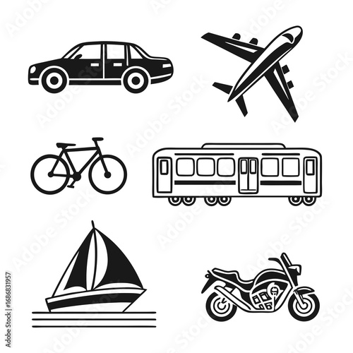 Black transportation icons airplane car bicycle train sailboat motorcycle vector