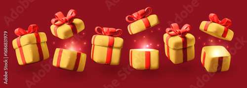 Gift box. 3D open present, yellow surprise. Decoration for birthday with red ribbon. Holiday celebration, Christmas party. Realistic package, symbol. Vector render, Valentine container, happy New Year