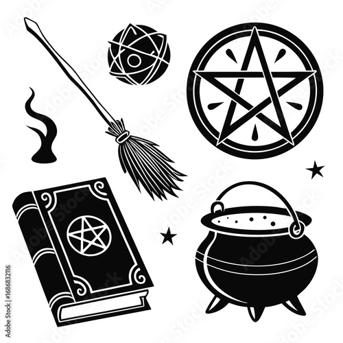 Black witchcraft symbols including broomstick pentagram book cauldron magic occult