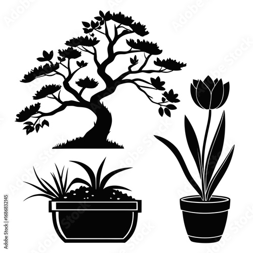 Bonsai tree tulip and potted plants silhouettes vector