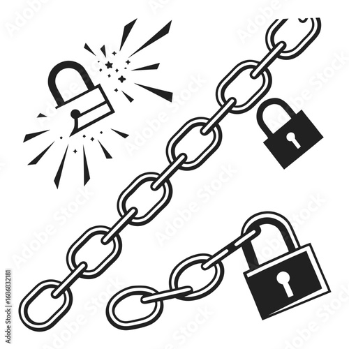 Broken chain links and padlocks security