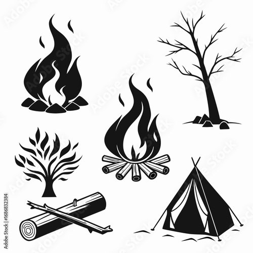 Camping fire logs tent bare tree stylized tree vector