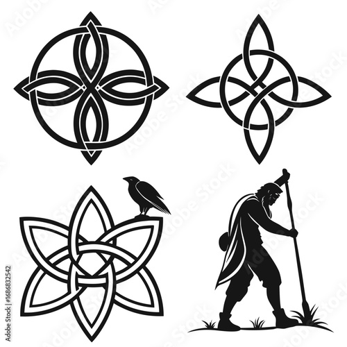 Celtic knot designs and symbolic figures raven man with staff