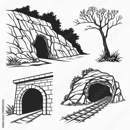 Cave entrances and railway tunnels with barren tree rock