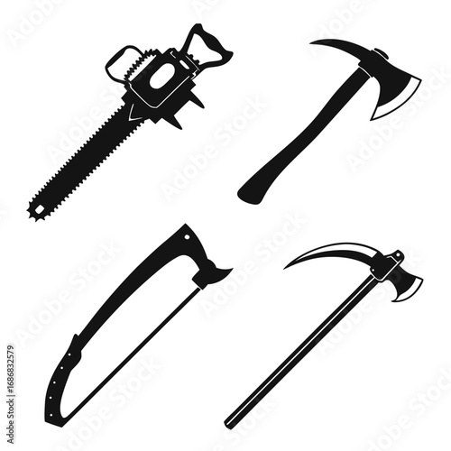 Chainsaw axe bow saw scythe weapon silhouettes vector