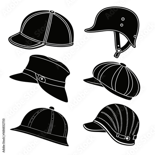 Collection of black headwear silhouettes hats caps