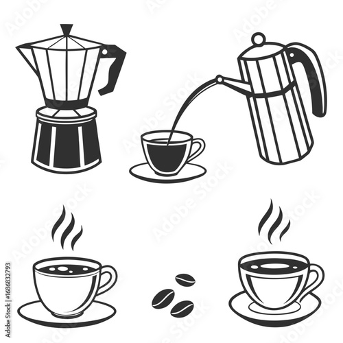 Coffee maker pouring into cup and steaming cups with beans vector