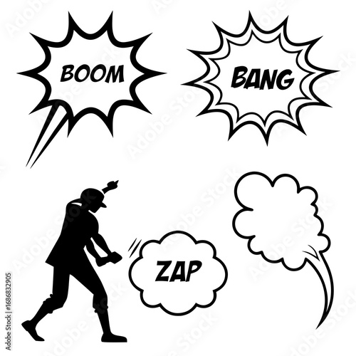 Comic style action bursts boom bang zap silhouette vector