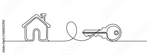 One Line Drawing of House with Key – Real Estate Concept Vector