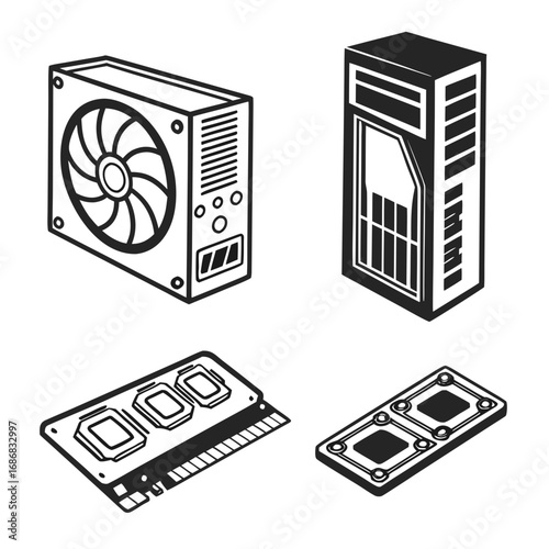 Computer hardware components isometric icons graphics card