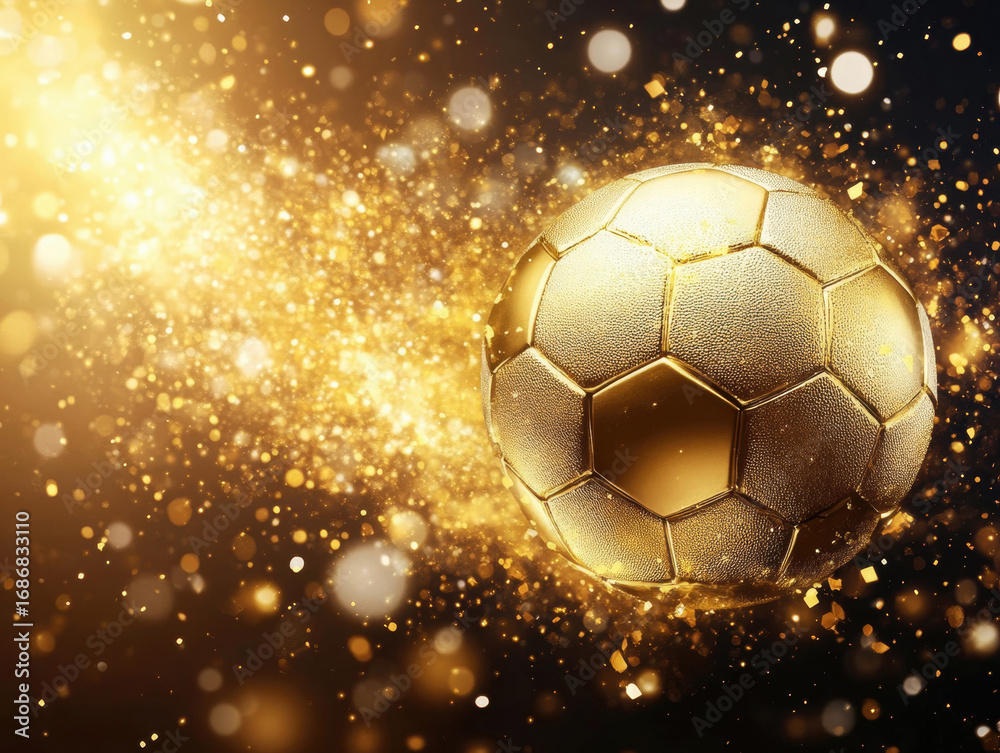Fototapeta premium A glowing golden soccer ball appears to be in motion, surrounded by shimmering particles of light and sparkles. The scene captures energy and excitement found in competitive sports.