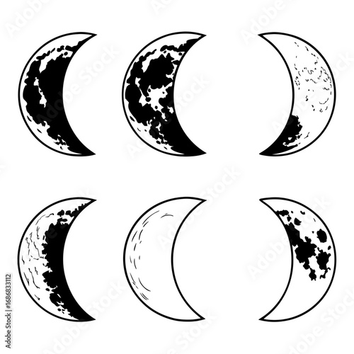 Crescent moon phases black and white celestial bodies astronomical lunar cycle