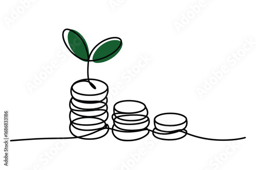 One Line Art of Money Growing Plant – Investment and Finance Vector Illustration