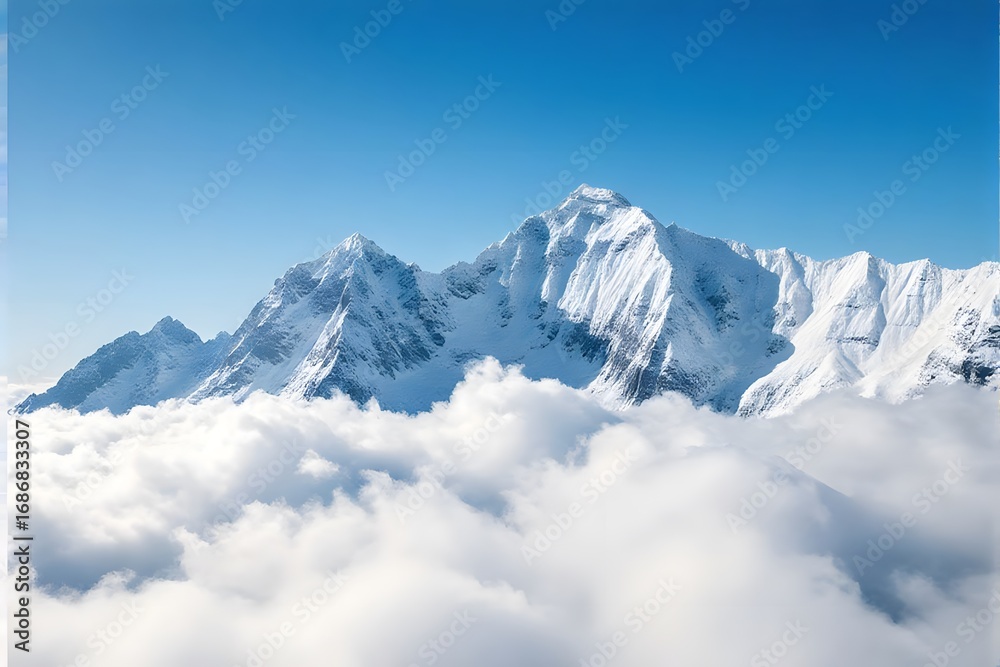 Obraz premium Majestic snow-capped mountains above the clouds under a clear blue sky.