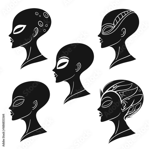 Diverse alien faces with intricate head designs extraterrestrial silhouette