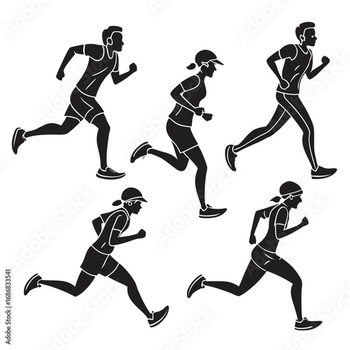Diverse runners in motion black silhouettes running athletes