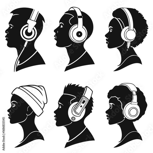 Diverse silhouettes of people wearing headphones and earbuds black and white