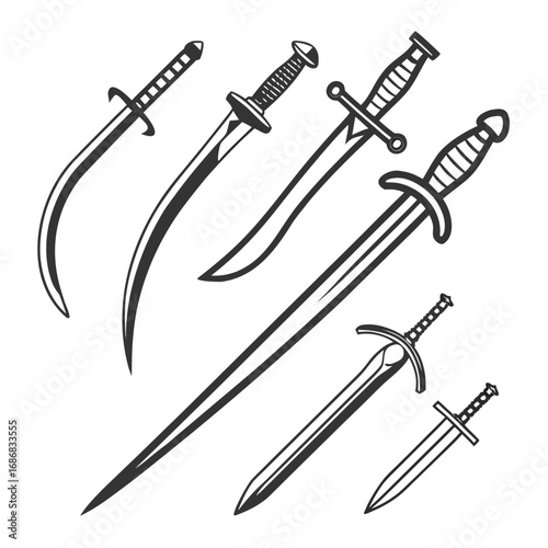 Diverse sword silhouettes black and white weapon
