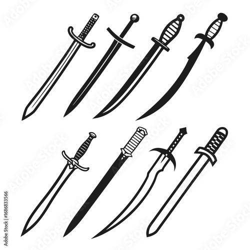 Diverse sword silhouettes medieval fantasy warrior weapons vector