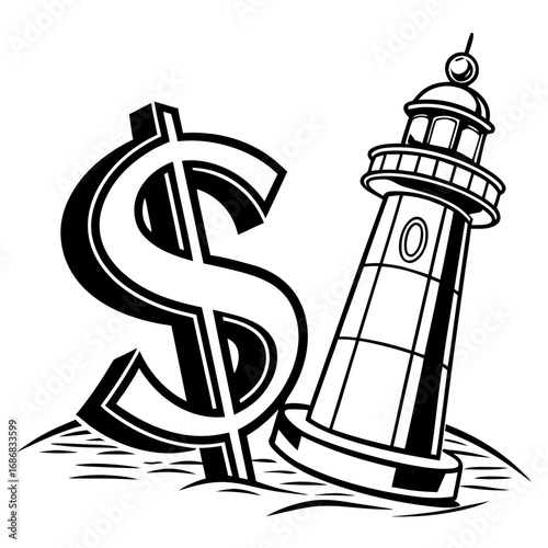 Dollar sign and lighthouse in water ocean