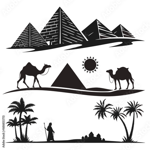 Egyptian pyramids camels palm trees desert landscape silhouettes vector