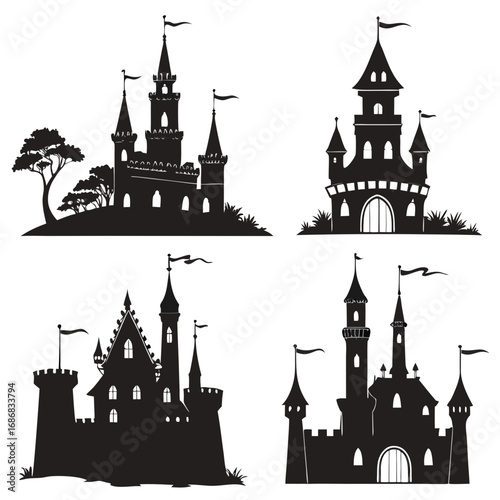 Fantasy castles and towers with flags silhouette architecture