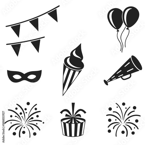 Festive celebration icons including balloons mask fireworks and gift party