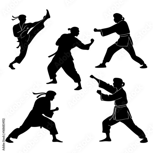 Five black silhouettes of martial artists in action poses martial arts karate
