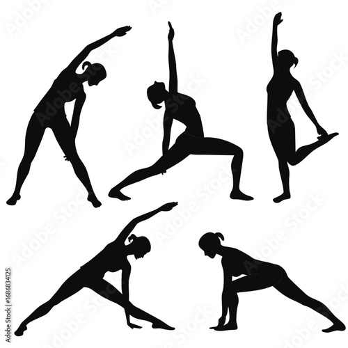 Five black yoga pose silhouettes on white background fitness exercise