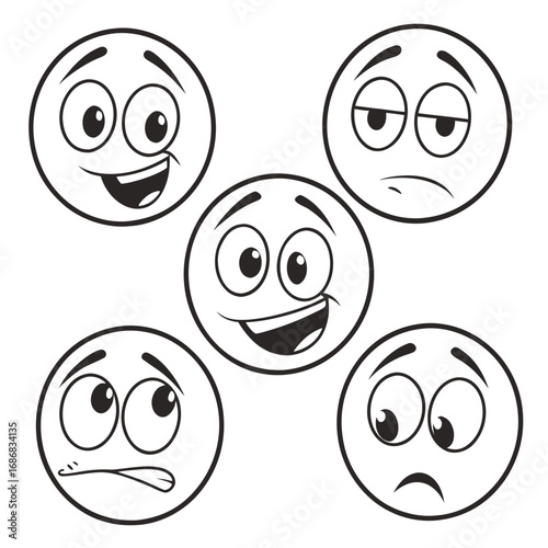 Five cartoon faces expressing different emotions happy bored