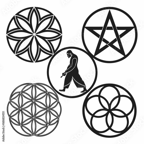 Five circular symbolic patterns with a figure sacred geometry symbols