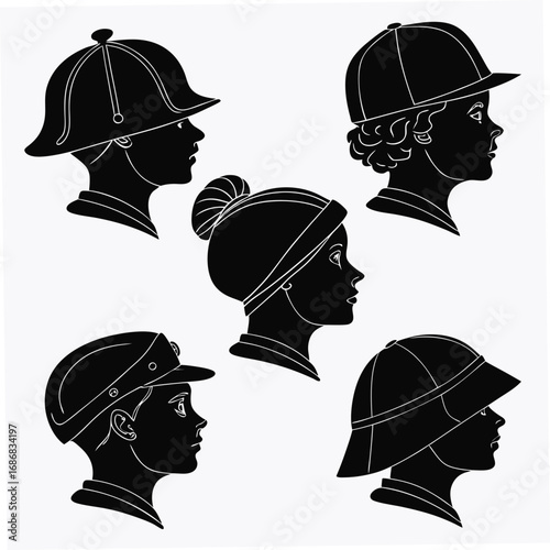Five profile silhouettes of heads wearing hats headwear vintage