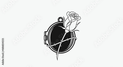 Monochrome illustration of a rose with thorns and a locket.