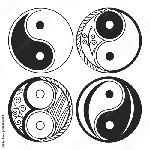 Four abstract yin yang symbols with decorative elements taijitu black and white