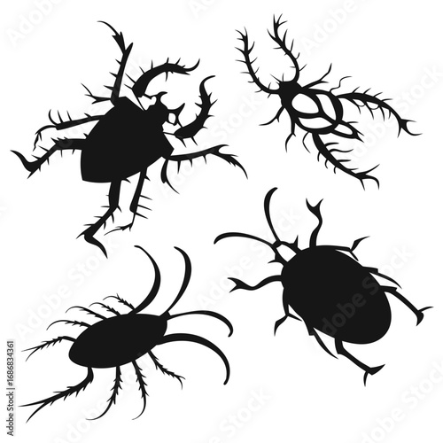 Four black abstract insect silhouettes with spiky legs vector