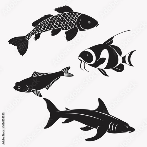 Four aquatic creatures black silhouettes koi fish goldfish