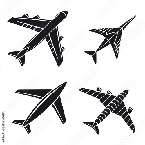Four black airplane silhouettes in varied flight positions aircraft aviation